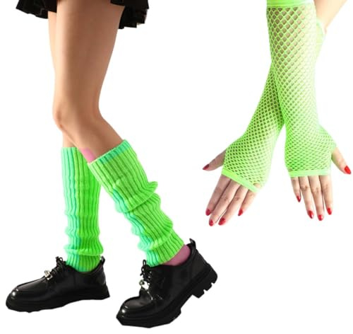 VONJUMA Sexy Beinstulpen Und Fischnetz Handschuhe Fischnetz Handschuhe Elastische Neon Beinstulpen Und Netzhandschuhe Set 80Er Jahre Kostüm Zubehör Grün