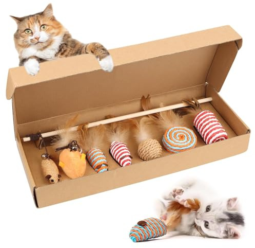 Encuryna Katzenspielzeug Set, Katzenspielzeug Natur 7 Teile Set, 7-teilig mit Bällen, Mäusen, Federn & Holzangel, fördert Koordination von Kitten, Plastikfrei, Nachhaltig – Für Katzen jeden Al