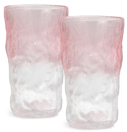 TOSSOW Water Cup, Glacier Glass Cup, 2 Water Cups 350ML Glacier Pattern Glass Cups, Used for Wine, Beer, Juice, Mojito and Cocktails (Pink Transparent)