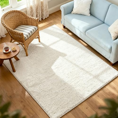 Shaggy Rugs for Living Room, Fluffy Rugs for Bedroom, Washable Cream Rug