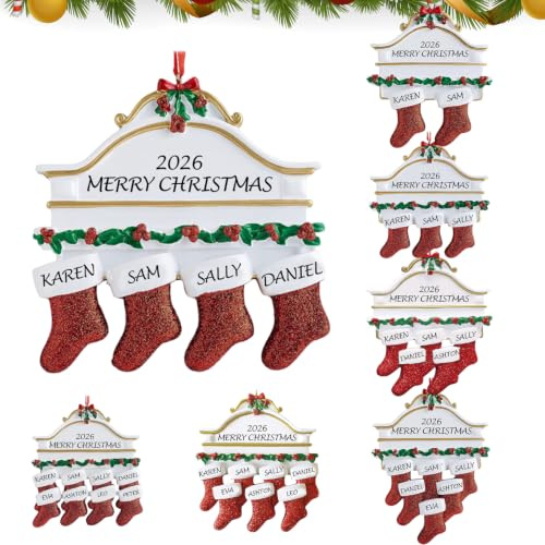 Weihnachts-Socken-Familiendekoration 2025, Personalisierte DIY Weihnachtsbaum-Anhänger für Familien mit 2,3,4,5,6,7,8 Personen, Christbaumschmuck Geschenk für Zuhause (Socken-4)