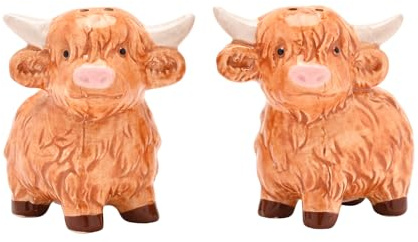 Country Living Highland Cows Salt & Pepper Pots – Ceramic Cow-Shaped Condiment Shakers, Countryside-Inspired Dining Tableware