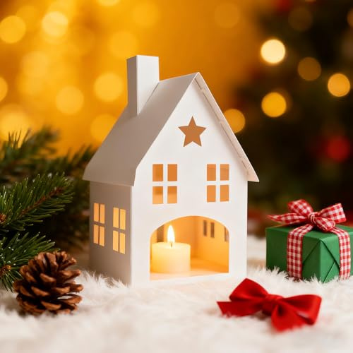 Joxessaien Weihnachtsdeko Lichthäuser Weiß, Metall Teelichthaus mit LED Kerzenhalter, Weihnachts Deko Häuser für Tisch, Fensterbank und Kamin