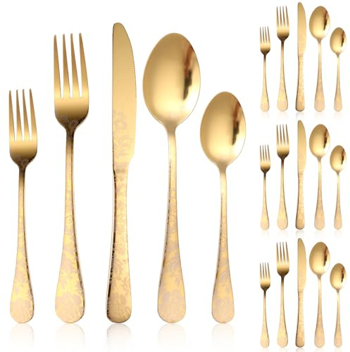 20Pcs Silverware Set, Stainless Steel Flatware Set, Food-Grade Tableware Cutlery Kit Including Knives Forks Spoons Teaspoons Utensil Sets for Home Restaurant, Mirror Finish, Dishwasher Safe (Gold)