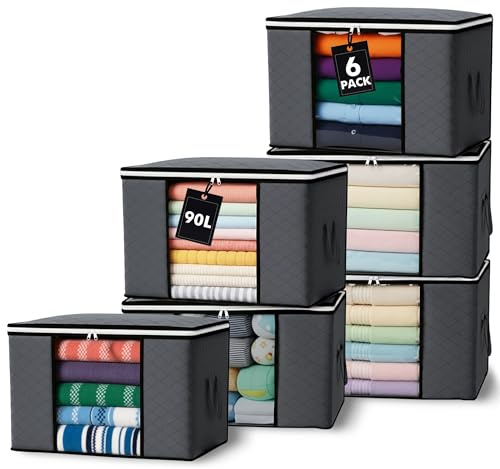 MORIVO 90L Storage Bags, 6Pack Large Capacity Clothes Storage Bags with Zips, Foldable Clothing Storage Boxes with Lids & Reinforced Handles Breathable Thick Fabric for Comforters, Blankets, Bedding