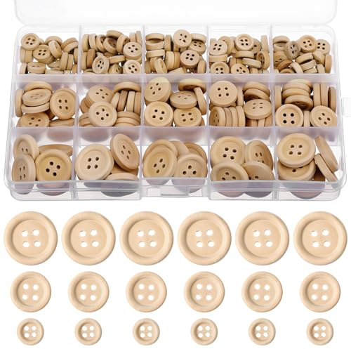 255 Stücke Holzknöpfe, Gemischte Größe Holzknöpfe Natur Runde Form Knöpfe Holz Handmade Naturholzknöpfe für Nähen DIY Basteln Handwerk Handgefertigte Geschenke Dekorationen, 10mm 15mm 20mm