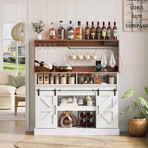 A ALFRESCOOL Mobile alto, credenza, credenza da cucina, vetrina, lunga bar con porta bicchieri e prese (2 x AC, 2 x USB), con spazio di archiviazione e ante scorrevoli, per soggiorno, cucina, 120 x 40