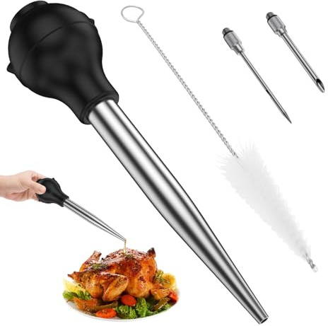 Stainless Steel Turkey Baster Commerical Grade Quality Rubber Bulb Including 2 Marinade Injector Needle and Cleaning Brush for Oiling and Marinating Turkey Beef Pork Fish