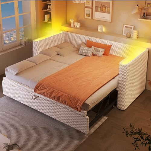 BTM 90-180x200 Tagesbett mit LED-Licht, Lattenrost Ausziehbett Daybett Schlafsofa Ausziehbar Bettgestell, Samt Beige (ohne Matratze)
