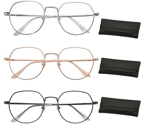 3 Stücke Blaulichtfilter Brille mit Brillenetui, Runde Brille Ohne Stärke Damen/Herren, Fake Glasses, Fake Brillen, Blue light Glasses Schützen Sie Ihre Augen vor Ermüdung und UV-Blendung