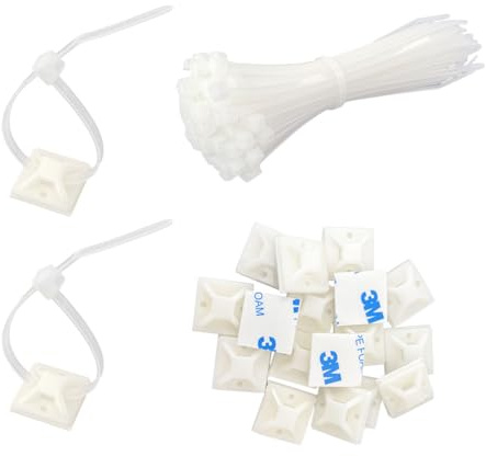 Selbstklebend Klebesockel 25x25mm&200mm Kabelbinder,Je 100 Stück,Weiß | Klebesockel für Kabelbinder Kabelklemme,Kabelclips Kabelbefestigung Kabelhalter für Heim Büro Kabelmanagement