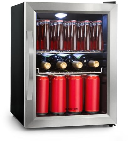 KLARSTEIN Beersafe 33 L Mini Fridge with Glass Door – Drinks Fridge, Silver | LED light, removable metal shelves, quiet, beer & beverage fridge for cans & bottles