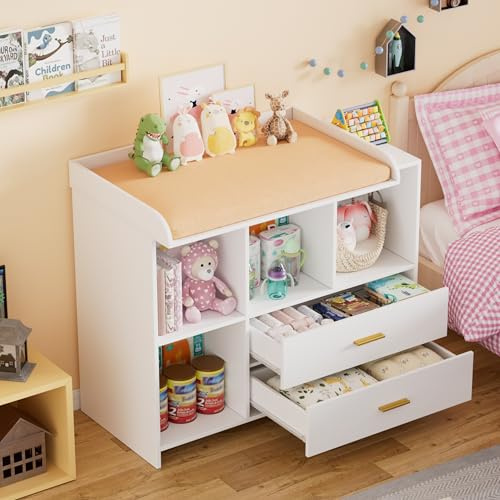 MSFE Cambiador bebe 2 en 1 Mueble Cambiador Bebe, Cómoda con Desmontable Comoda Cambiador, 2 Cajones y 3 Compartimentos, Cajonera de 94.7x40x81.2cm, Blanco