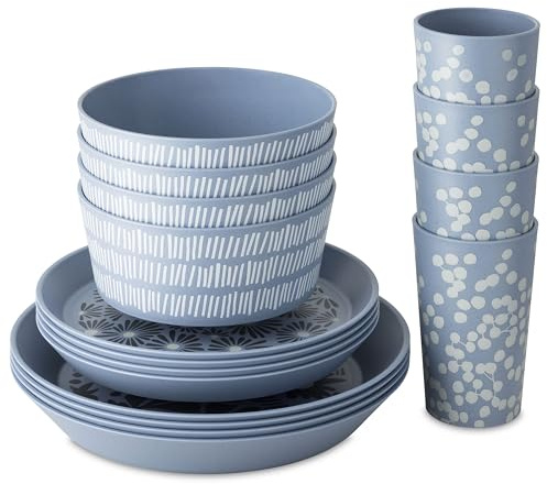 Koziol BLOMSTER SET Geschirrset | 16 Teile, florales Dekor, bruchfest, stapelbar | biozirkulärer Kunststoff, spülmaschinengeeignet, melaminfrei | Camping, Picknick, Party (nature flower blue)