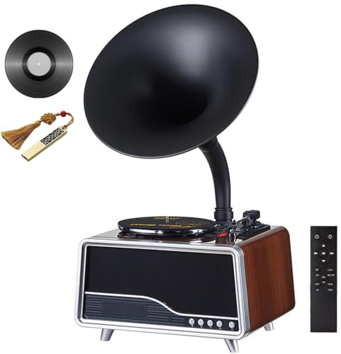 Vintage Gramophone Record Player with Bluetooth, Vinyl Record Player, USB/FM/AUX, Remote Control, Nostalgic Phonograph Design