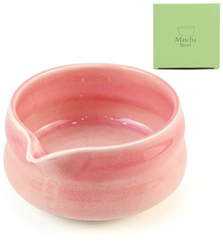 Matcha-skål i keramik med pip, japansk matchate-blandningsskål med presentförpackning, handgjord akvarell, teskål för teceremonier och matcha tillredning för kontor, tesalong, rosa