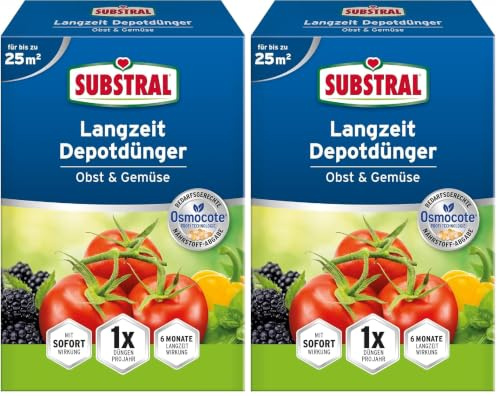 Substral Langzeit Depotdünger Obst & Gemüse, 750 g, für Tomate, Zucchini, Paprika, Peperoni, Obst, Beeren, uvm (Packung mit 2)