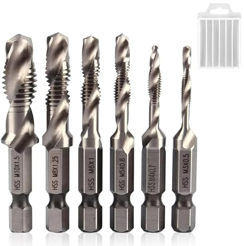 6 Pcs HSS Drill Bit Set, M3 M4 M5 M6 M8 M10 Metric Drill and Tap Set | Metal 3-in-1 Combination Threading Tool with 1/4 Hex Shank & Anti-Rust Coating, Professional Hard Steel Drills Bits