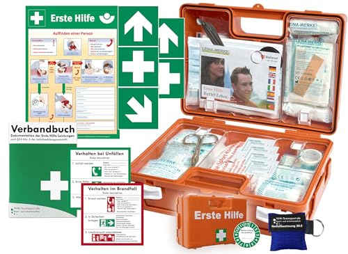Erste-Hilfe-Koffer Quick -Komplettpaket- mit Notfallbeatmungshilfe für Betriebe - aktuelle DIN/EN 13157 + DIN 13164 - inkl. 1.Hilfe Aufkleber & Aushang