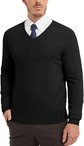 Kallspin Suéter de Lana Mezclada para Hombre Corte Holgado Cuello en V Manga Larga Tirar(Negro,L)