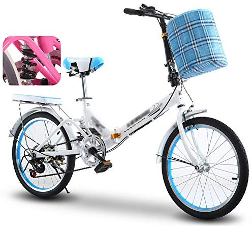 20 Zoll 6 Gang Faltrad Klapprad, Kohlenstoffstahlrahmen Fahrrad Klappfahrrad mit Ständer Gepäckträger und Korb für Herren, Damen, Mädchen, Jungen geeignet,Blue-A