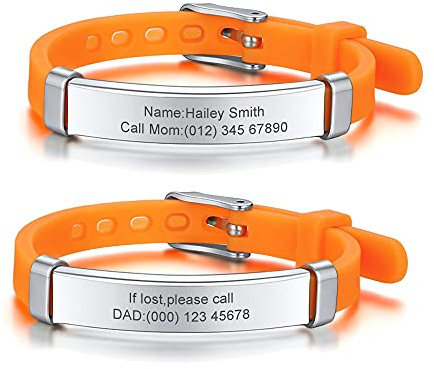 PJ JEWELLERY Notfallarmband SOS Armband Kinder Personalisierte - 2 Stück Edelstahl Silikonband Sicherheitsarmband Gravur Kleinkind Anti-Verlust Armbänder für Kinder Notfall Armband für Mädchen Jungen