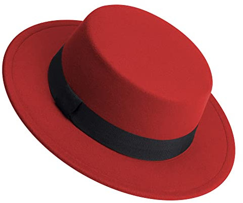 Klassischer Fedora-Hut mit Flacher Oberseite, Filz, Pork Pie Hut, breite Krempe, Kirche, Derby-Kappe für Damen und Herren, Rot, M