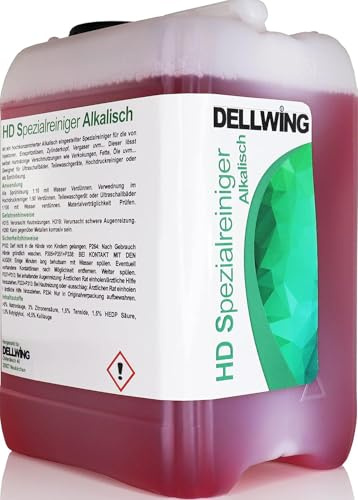 DELLWING HD Spezialreiniger - hochkonzentrierter alkalischer Reiniger für Vergaser, Zylinderköpfe, Injektoren, Einspritzdüsen, als Ultraschallbad, Teilewäsche, Hochdruckreiniger, Sprühlösung - 10L