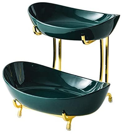 JUNYFFF Ciotola per Frutta in Ceramica A 2 Piani,Cesto per La Frutta 2 Piani Portafrutta Ovale con Supporto in Metallo, per Frutta, Pane, Snack, Dessert, Torta, Dolci, Salse per Patatine,Verde