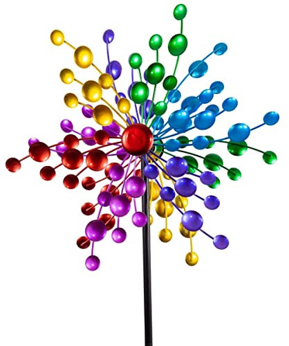 CIM Metall Windrad - Doppelwindrad Rainbow Circles - Abmessung: Ø43cm Gesamthöhe: 138cm - wetterfest, pulverbeschichtet, lackiert, verschraubbar - inkl. 2-zackiger Bodenverankerung