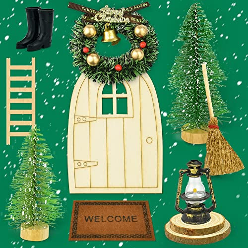 BUZIFU 11PCS Wichteltür Weihnachten Set Weihnachtswichtel Tür Wichtel Zubehör Nissedor mit Wichtel Tür, Stiefel, Teppich, Öllampe, Besen, Kranz, Holzleiter, Weihnachtsbaum, Holzspäne für Weihnachten