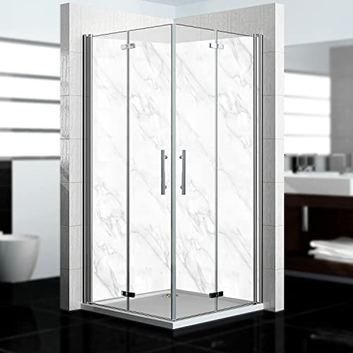 dedeco Eck-Duschrückwand wasserfest Motiv: Marmor V4, UV-Lack glänzend, 2 x 90x210 cm, als Badrückwand zum Fliesenersatz, als Dekorwand, Wandverkleidung und Duschplatte aus Aluminium - Made in Germany