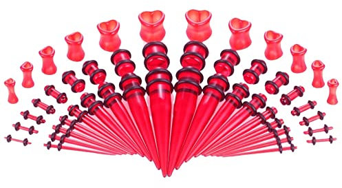 Skcess Ohr Tunnel Set Dehnungsstab, Tunnel Acryl mit 48PCS Rot Kegel- und Uv-Segment-Kurz- und Herzstecker Body Piercing Schmuck Geschenk Kit