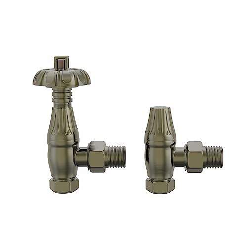 NRG Angled Thermostatic Radiator Valve Set, 15mm, Polished Antique Brass | 15mm Connection, 1/2in Radiator Fit, Brass Body, Angled TRV, Lockshield Included, 10 Bar Max Pressure