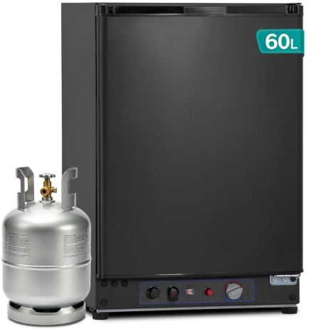 Techomey 3 Way Fridge Camping 60L, Gas/12V/240V Fridge for Motorhome, Campervan, Caravan, Off-grid, Domestic, Reversible Door, Black, 0-10℃ | Absorption Fridge for Motorhome, Campervan, Caravan, Off-grid, Domestic, Reversible Door, Black, 0-10℃