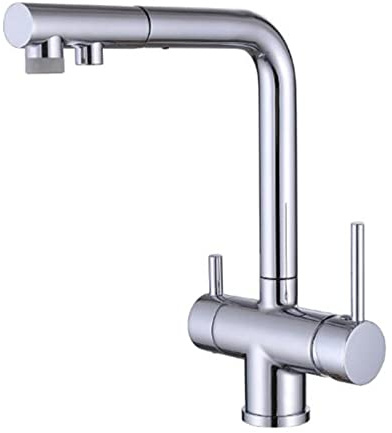 3 Wege Wasserhahn Küche Ausziehbar mit Brause, Küchenarmatur Messing Drehbar Wasser Kalt und Heiß Multifunktion Trinkwasserhahn Küche-Chrom