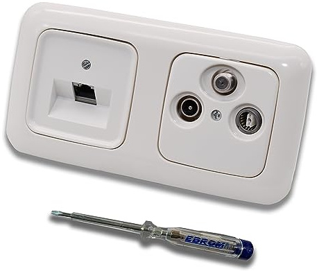 Busch Jäger, Rutenbeck Unterputz Netzwerkdose 10 Gigabit/S (10GbE) KAT6A 6A 1xRJ45 Anschluss + WISI TV SAT RADIO 3-Loch Dose im BJ ReflexSi alpinweiß Design + EBROM Phasenprüfer z. Montage d. Geräte