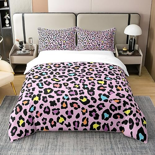 Rosa Geparden 100% Bio-Baumwolle Bettbezug,Leopard Druck Bettwäsche Set für Mädchen Frauen,Bunte Tier Druck Tröster Abdeckung 200x200,Safari Tiere Muster Bettsets mit 2 Kissenbezüge Weich