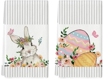 Artoid Mode Set di 2 asciugamani da cucina a strisce di uova di Pasqua coniglio pasquale, 42 x 65 cm, decorazione primaverile stagionale asciugamani