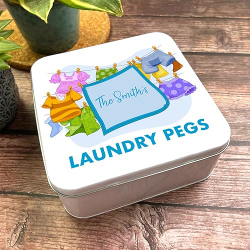 Square Colourful Bright Hanging Clothes Laundry Pegs Personalised Tin Personalised Gift | Custom Gift | Personalized Tin | Personalised Tins | Gift For Her | Gift For Him