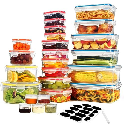YASHE 50PCS Plastic Food Containers with Lids, Airtight Food Storage Containers for Kitchen Storage, 100% Leakproof, BPA-Free Meal Prep Containers with Labels & Marker