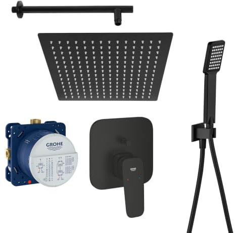 vanvilla Duschsystem Unterputz mit Duscharmatur Grohe schwarz GS01-XL | Duscharmatur von Grohe Cubeo Einhebelmischer und vanvilla Regendusche Duschkopf eckig, Dusch-SET schwarz matt