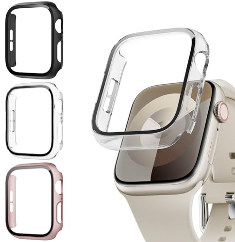 Lovmunia 3-Stück Schutzhülle mit Displayschutzfolie Kompatibel mit Apple Watch SE3(2025)/SE2/SE/6/5/4 44mm, Rundum Hard Gehäuse Eingebaut Kratzfest Gehärtetes Glas Schutzfolie für iWatch 44 mm