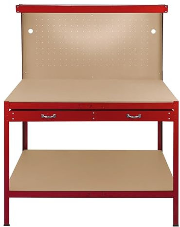 Garage Workbench Red Pegboard Drawer Shelves LED Light Heavy Duty Steel Wooden Workshop Industrial Shed DIY Work Table Desk Tool Storage Station Unit 370kg Total Capacity 40 Hooks Rubber Mallet