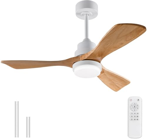 BOJUE 42 Inch White Ceiling Fans with Lights and Remote,Dimmable LED Light,Quite Reversible DC Motor,Memory Function,Modern Solid Wood Indoor Outdoor Ceiling Fan with Light for Farmhouse Bedroom Patio