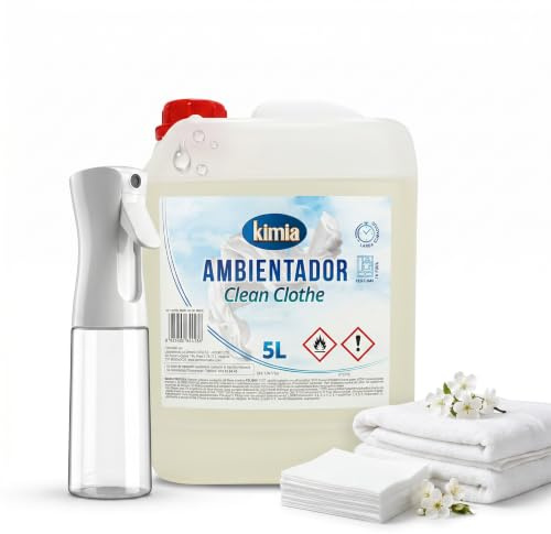KIMIA - Pack Ambientador de Hogar Concentrado Clean Clothe 5L + Pulverizador | Perfumador con Fragancia a Ropa Limpia | Para Cualquier Estancia de Casa y Oficina | Ambiente Fresco y Perfumado