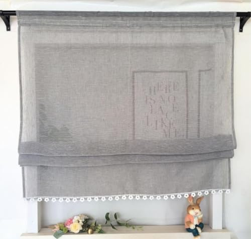 Vordesack Leinenoptik Raffrollo mit Floral-Kante Unifarbige Raffgardine mit Stangendurchzug Landhausstil Wohnzimmer halbtransparent Gardinenschal Küche Raffgardine 1 Stück Grau HxB 140x100cm