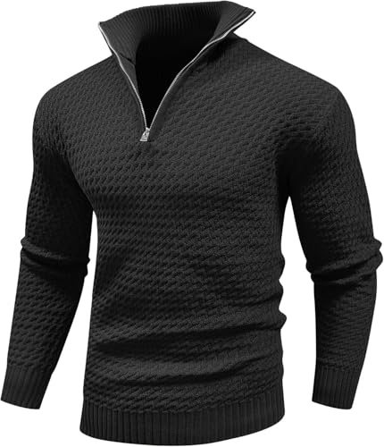 Genfien Jersey Hombre Invierno Suéter Cuello Alto Regular Fit Jersey de Canalé con Cremallera de un Cuarto Suéteres de Punto Jersey de Punto para Hombre Básico Cálido