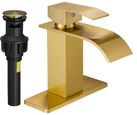 FRANSITON Schwarzer Wasserfall-Badezimmer-Wasserhahn, WC-Einhandgriff, 1 oder 3 Löcher, Waschbeckenarmatur mit Deck und Pop-Up-Ablaufgarnitur (gebürstetes Gold, kurz)