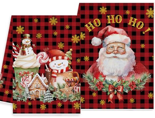 Lot de 2 Torchons de Cuisine Noël, Noir Rouge Plaid Père Noël Bonhomme de Neige, Décoration Cuisine Saisonnier pour Salle de Bain